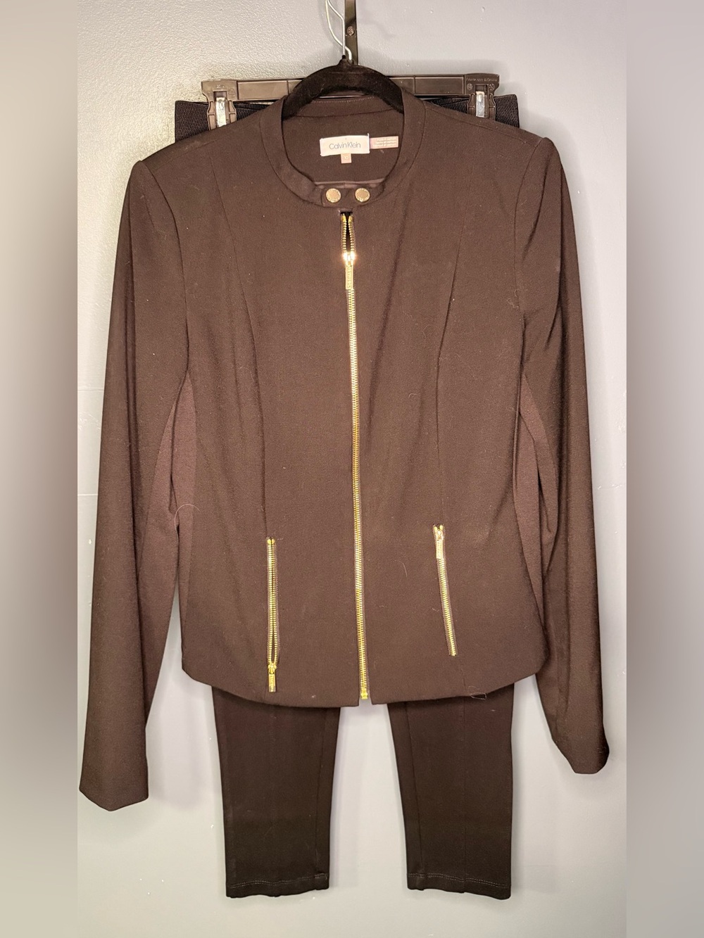 Calvin Klein Black Zip-Front Suit Jacket with Gold Hardware